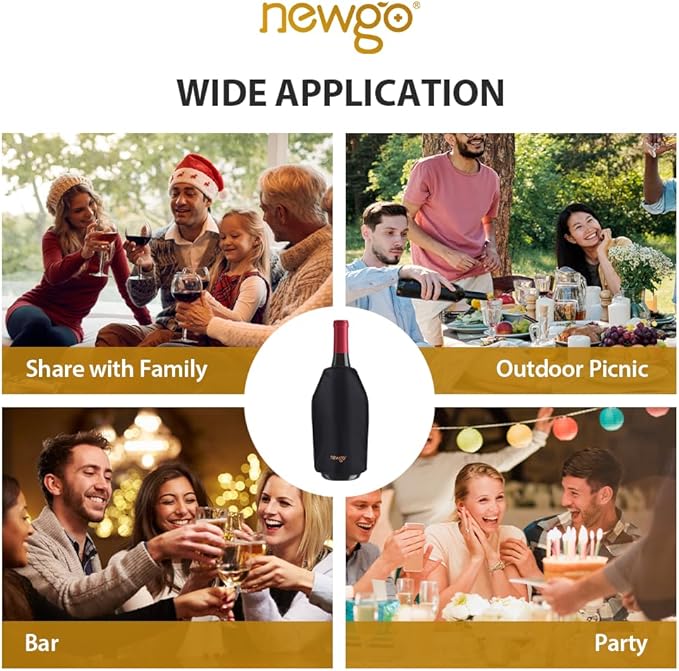 NEWGO Wine Cooler Sleeve Reusable Wine Bottle Cooler Flexible Wine Ice Pack Sleeve Keep Wine Cool and Refreshing for Standard Size Bottles for Red Wine, White Wine & Champagne - Black (Pack of 2)