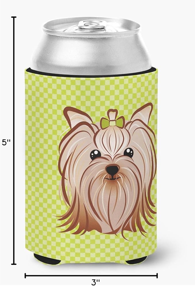 Caroline's Treasures BB1266CC Checkerboard Lime Green Yorkie Yorkishire Terrier Can or Bottle Hugger Cooler Washable Drink Sleeve Collapsible Beverage Insulated Holder, Can Hugger, Multicolor