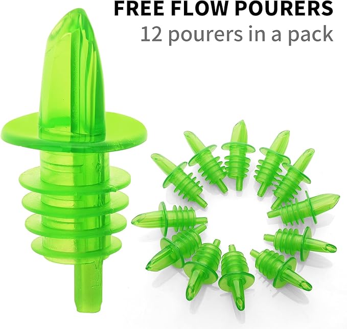 Plastic Liquor Bottle Pourers green- 12 Pack Classic Bottle Pourers for Alcohol, Leak-Proof, Dishwasher-Safe Pour Spouts for Liquor Bottles (green)