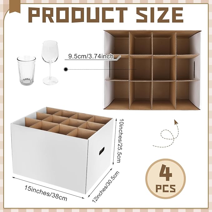 Feifeiya 4 Pack Wine Glass Moving Boxes Kitchen Moving Boxes with Handle Kitchen Kit with Lid for Dish Glassware(White,15 x 12 x 10 Inches)