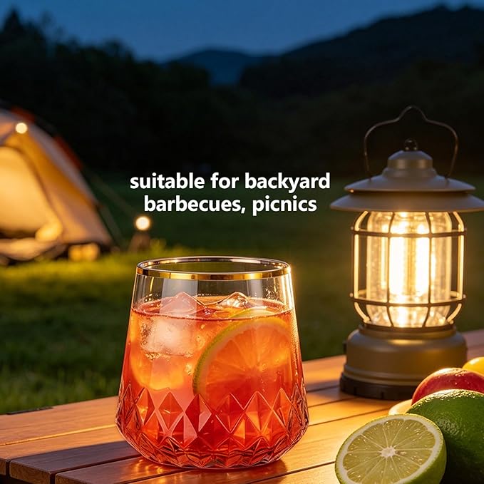 Lueumxc 40 Pack Plastic Wine Glasses, 14Oz Gold Rim Disposable Wine Glasses Unbreakable Rhombus Plastic Cocktail Glasses Recyclable Shatterproof Reusable Wine Cups
