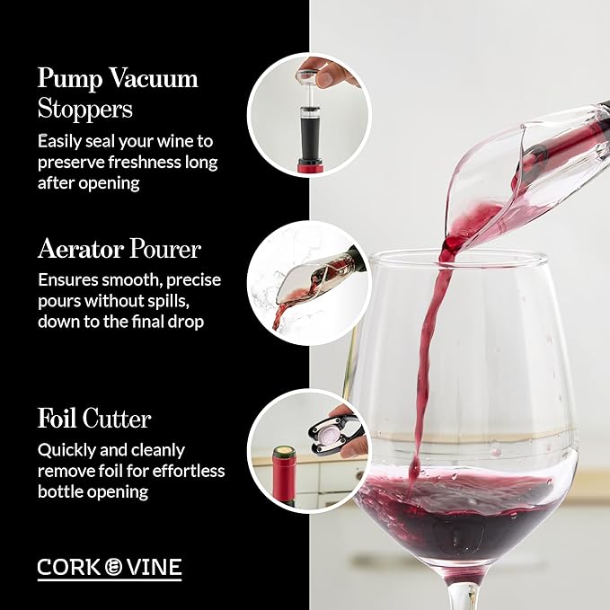 Cork & Vine Rechargeable 7-Piece Electric Wine Opener Set – Automatic Corkscrew with Charging Base, Wine Aerator Pourer, Foil Cutter & Vacuum Wine Stoppers – Wine Accessories Gift Set