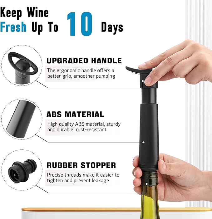 OWO Wine Vacuum Pump with 8 Stoppers, Wine Saver & Preserver, Food Grade Silicone Stoppers, Reusable Air Remover Pump for Standard Wine Bottles - Keeps Wine Fresh Longer