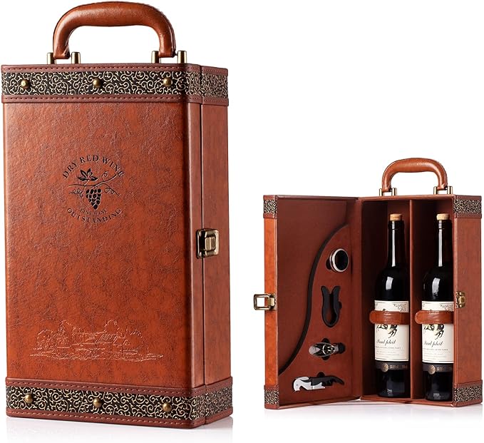 Wine Box, 2 Bottle Leatherette Top Handle with 4 Wine Accessory Travel Wine Gift Box, Handmade Premium Wine Carrier Case