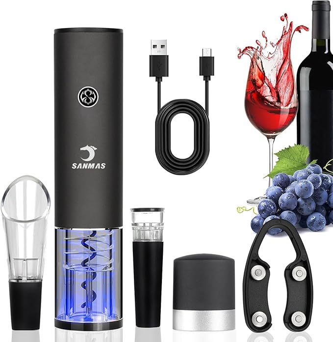 SANMAS Rechargeable Electric Wine Bottle Opener Set - Automatic Corkscrew with Foil Cutter, Wine Stopper & Aerator Pourer - Ideal Gift for Wine Lovers