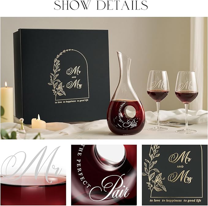 AW BRIDAL Mr and Mrs Wine Glasses for Couples Wedding and Bridal Shower, 2026 Engagement Gift for Newlyweds, Anniversary Wine Glasses with Decanter Couple Gifts