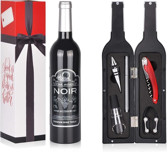 Wine Accessories Gift Set - 5 Pcs Deluxe Wine Corkscrew Opener Sets Bottle Shape in Elegant Gift Box