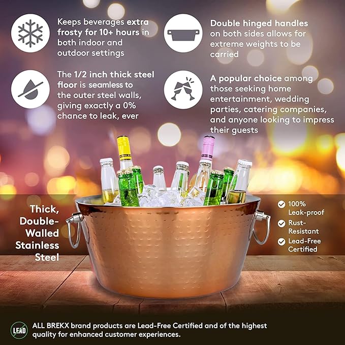BREKX Insulated Rose Copper Double Walled Ice Bucket for Parties, Anchored Wine Bucket/Large Ice Bucket with Handles, Drink Cooler for Parties, 12 Quarts (3 Gallon)