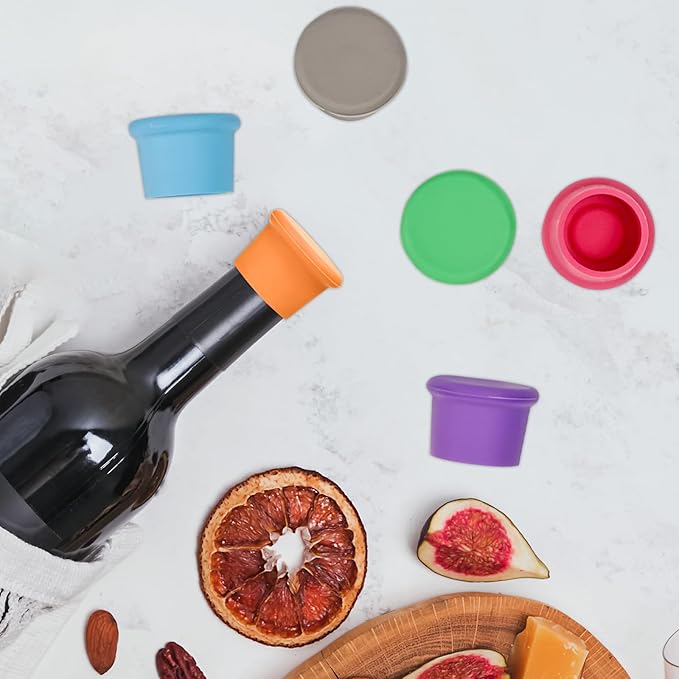6 Pcs Colorful Wine Stoppers, Reusable Silicone Wine Corks, Champagne Stoppers, Beverages Beer Bottle Caps, Wine Bottle Stoppers for Glass Bottles, Keep Wine Fresh