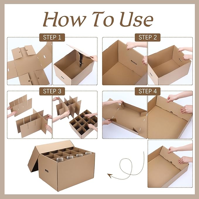 Feifeiya 4 Pack Wine Glass Moving Boxes Kitchen Moving Boxes with Handle Kitchen Kit with Lid for Dish Glassware (Brown,20 x 15 x 12 Inches)