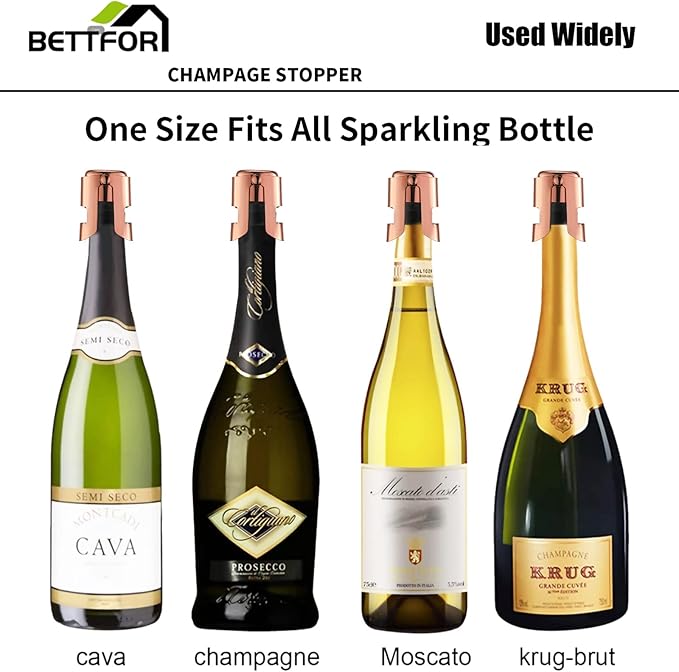 Champagne Stoppers with Stainless Steel Champagne Saver with Food Grade Silicone Leak proof Keep Fresh Suitable for Champagne, Cava, Prosecco and Sparkling(RoseGold, 2 Pack)