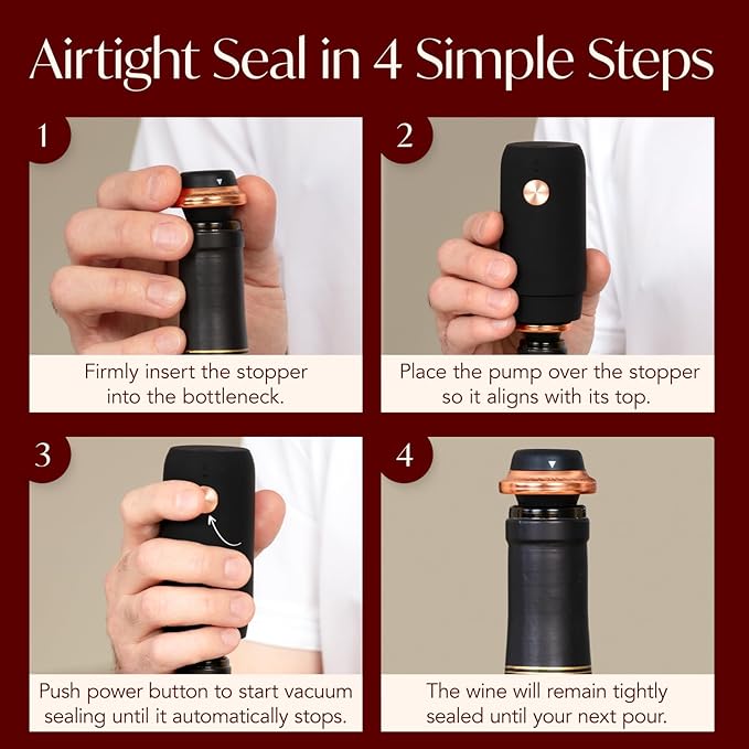 Electric Wine Preserver - Rechargeable Vacuum Saver With Airtight Seal - Automatic Air Remover Pump for 10 Days of Flavor & Freshness - Preservation System (Black & Rose Gold)