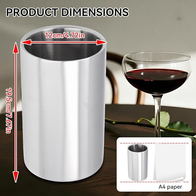 Wine Chiller, Stainless Steel Double Wall Wine Cooler Champagne Cooler Ice Bucket Fits Any Single Bottle for Parties
