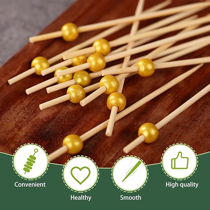 200 PCS Premium Cocktail Picks, 4.7 Inch Long Cocktail Toothpicks Skewers for Appetizers，Fancy Cocktail Appetizer Pick Sticks Skewers for Drinks, Garnish，Fruit，Birthday, Wedding or Parties（Gold）