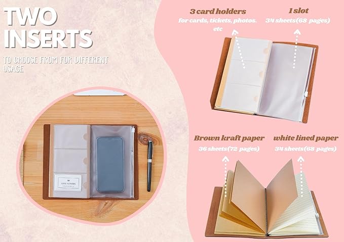Wine gifts Leather Journal Notebook with Pen, for Wine Lovers, Men, Women on Birthday, Refillable Sketchbook, Travel Diary, Lined Planner, 7x5 Inches, Pink - Brilliant Ideas - Gold foil stamping