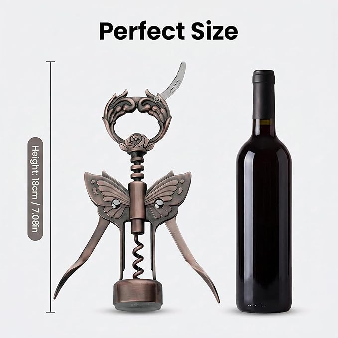 Wine Opener, 3 in 1 Zinc Alloy Premium Wing Corkscrew Wine Bottle Opener with Multifunctional Bottles Opener and Serrated Foil Cutter for Wine and Beer (Bronze)