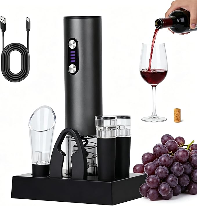 Rechargeable Electric Wine Opener 7-in-1 Gift Set, Automatic Wine Bottle Opener with Charging Base, Foil Cutter, Aerator Pourer & 2 Vacuum Stoppers for Wine Lovers
