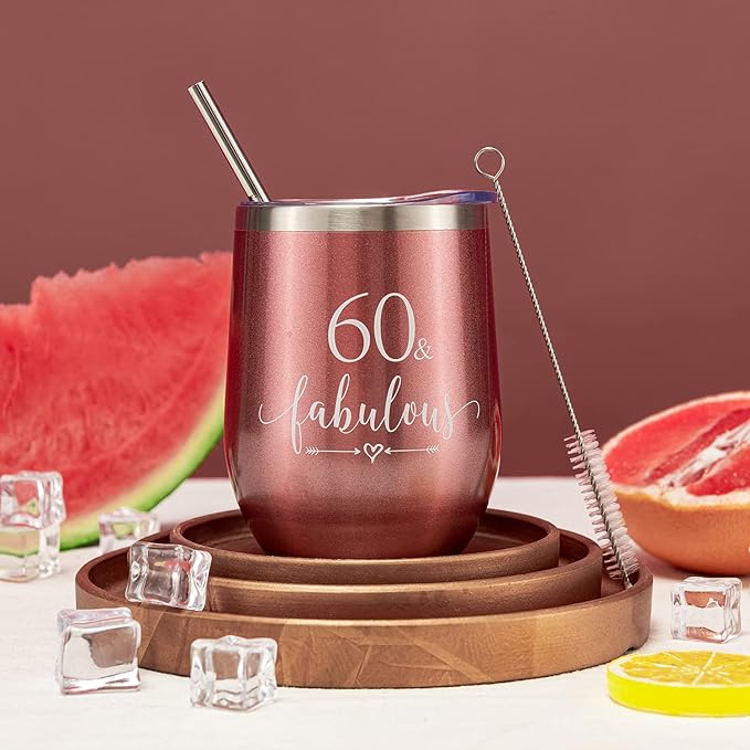 Crisky Rose Gold 60 & Fabulous Wine Tumbler for Women 60th Birthday Gifts for Women, Wife, Mom, Sister, Aunt, Friends, Coworker Her, Vacuum Insulated Coffee Cup,12oz with Box, Lid, Straw