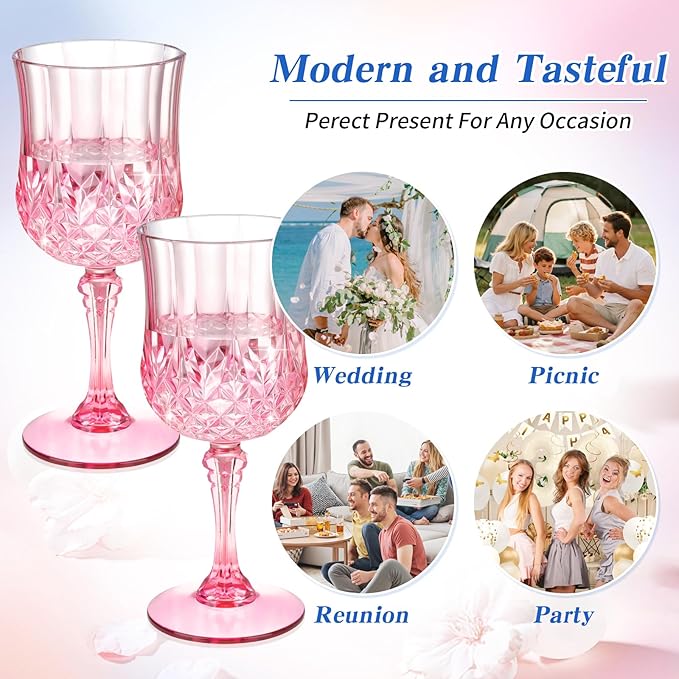 7OZ Plastic Wine Glasses, Disposable Goblets Drinking Glasses Crystal Vintage Water Cups Unbreakable Champagne for Wedding, Parties, Valentine's Day (Pink)