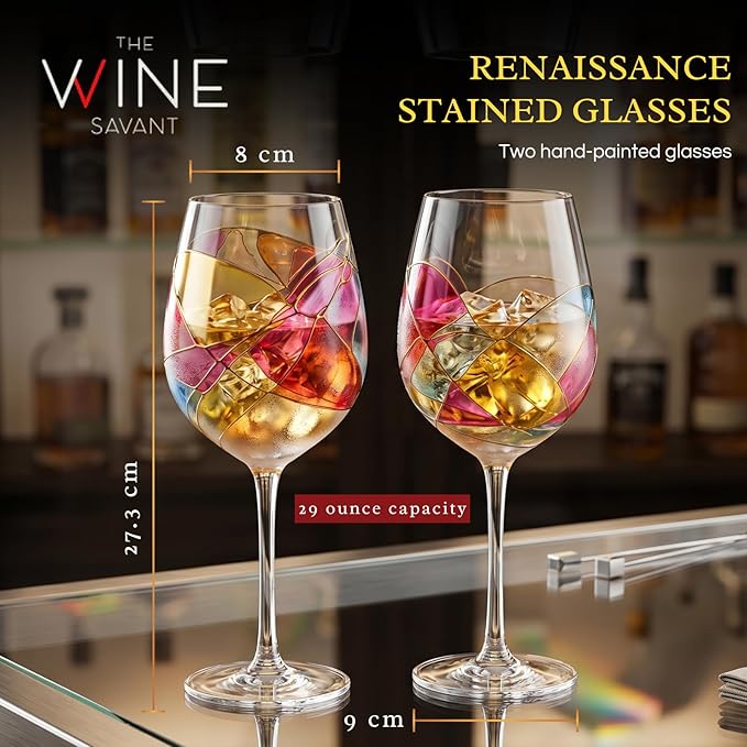 Artisanal Hand Painted Stemmed Wine Glasses - Everyday Celebrations, Gifts Idea for Wife, Mom, Valentine, Holiday Renaissance Romantic Stain-glassed Windows, 2 Set - Gift Idea Birthday, Housewarming