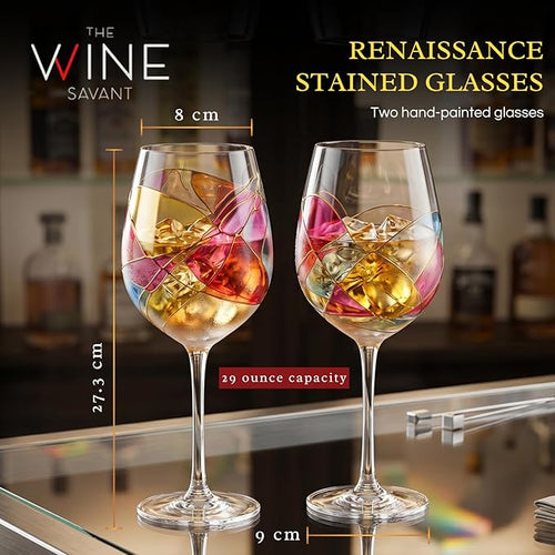 Artisanal Hand Painted Stemmed Wine Glasses - Everyday Celebrations, Gifts Idea for Wife, Mom, Valentine, Holiday Renaissance Romantic Stain-glassed Windows, 2 Set - Gift Idea Birthday, Housewarming