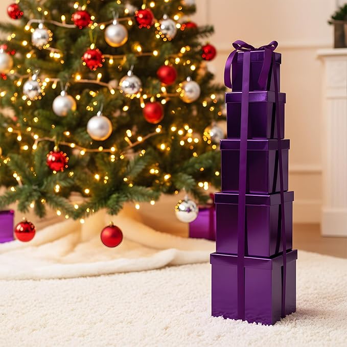 Cholemy 5 Pcs Square Nesting Boxes Decorative Gift Boxes with Lid and Ribbon Assorted Sizes Wrap for Wedding, Carnival, Anniversary, Birthday, Bridal Shower Party Gifts(Purple)
