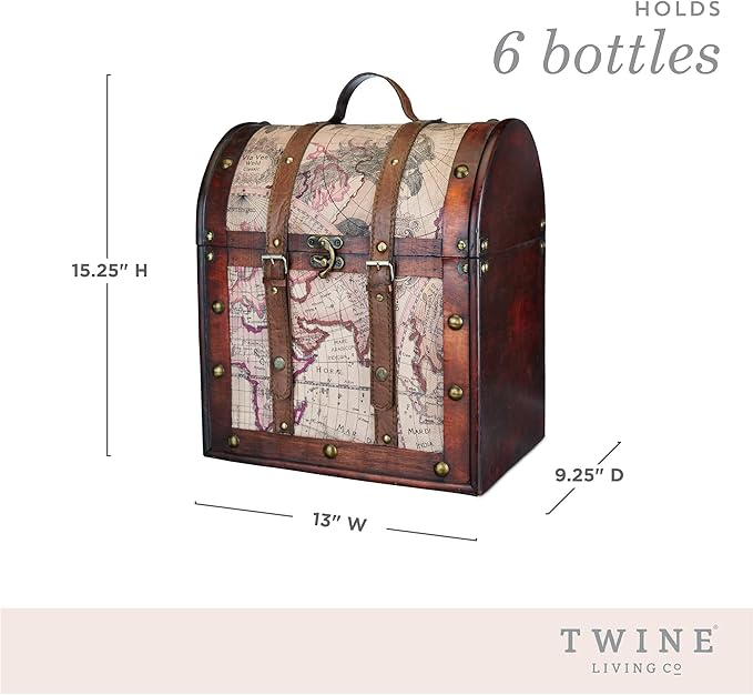 Twine Old World 6 Wooden Wine Bottle Gift Box - Wine Decorative Storage Box with Lid and Handle, Wine Accessory Sets, Wood, Faux Leather in Antique Map Design Liquor Gift Box