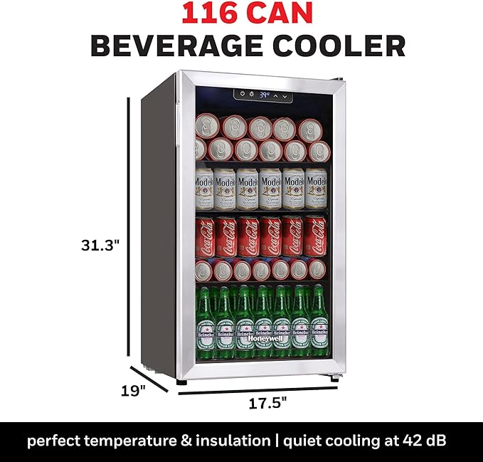 Honeywell Beverage Refrigerator and Cooler, 116 Can Mini Fridge with Glass Door for Soda Beer or Wine for Office or Bar with Adjustable Removable Shelving, Commercial Grade