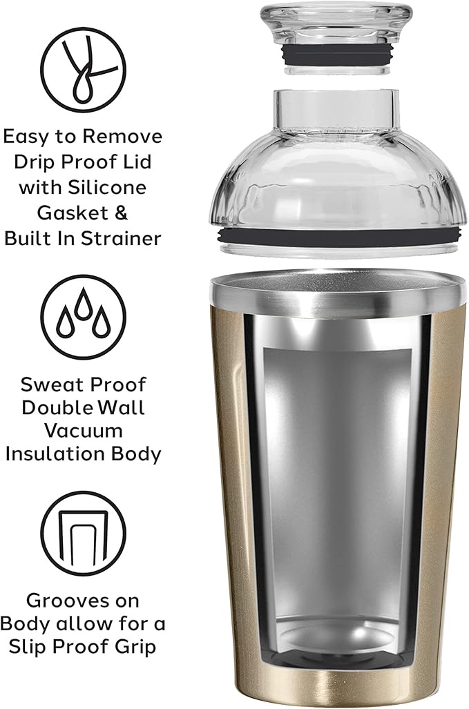 OGGI Groove Insulated Cocktail Shaker-17oz Double Wall Vacuum Insulated Stainless Steel, Tritan Lid has Built In Strainer, Ideal Cocktail Mixer, Martini Shaker, Margarita Shaker, Gold
