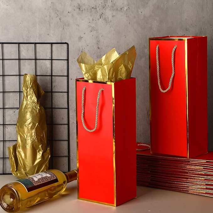TaoBary 50 Pcs Wine Gift Bags and Gold Wrapping Paper Set Wine Bags for Bottle Bulk 4 x 5 x 13 Inch Champagne Gift Paper Sack with Handles for Valentines Day Appreciation Wedding Anniversary