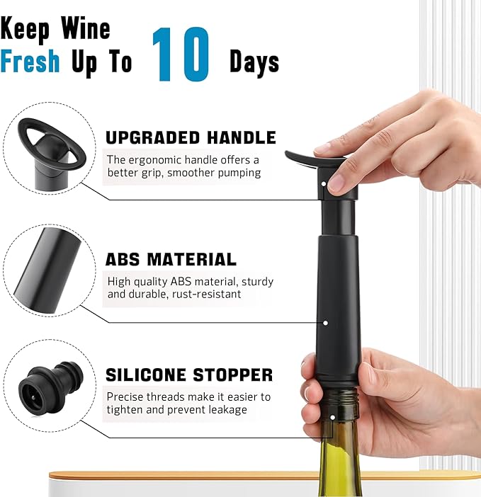 OWO Wine Vacuum Pump with 4 Stoppers, Wine Saver & Preserver, Food Grade Silicone Stoppers, Reusable Air Remover Pump for Standard Wine Bottles - Keeps Wine Fresh Longer