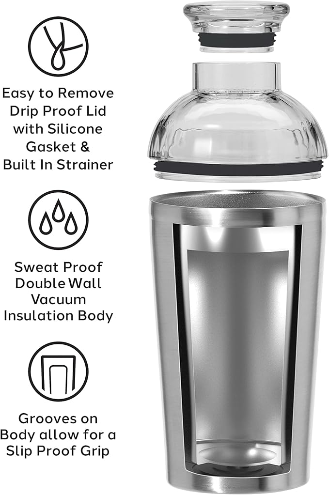 OGGI Groove Insulated Cocktail Shaker-17oz Double Wall Vacuum Insulated Stainless Steel, Tritan Lid has Built In Strainer, Ideal Cocktail Mixer, Martini Shaker, Margarita Shaker, Stainless