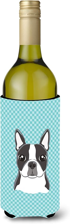 Caroline's Treasures BB1141LITERK Checkerboard Blue Boston Terrier Wine Bottle Hugger Bottle Cooler Sleeve Hugger Machine Washable Collapsible Insulator Beverage Insulated Holder
