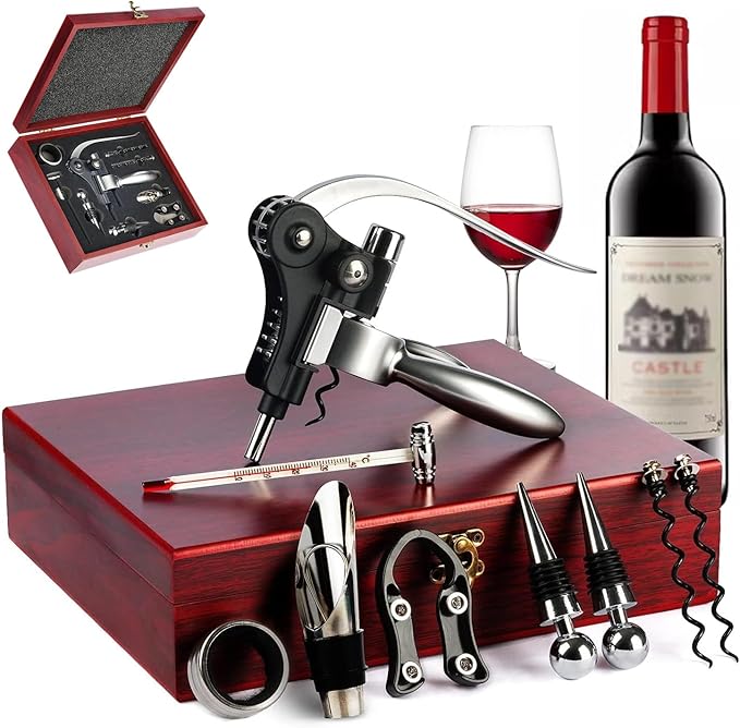 Rabbit Wine Opener Set, Wine Accessories with Wooden Gift Box – Wine Gift for Wine Lovers (S288-SIL-9)
