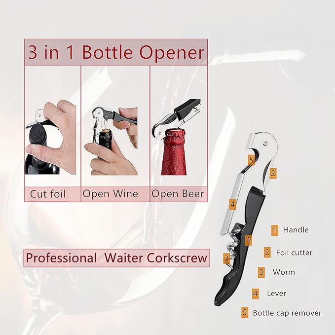 4-Pack Waiter Corkscrew Stainless Steel Travel Wine Opener Manual Professional Wine Key for Servers Multifunctional Travel Wing Wine Corkscrew with Foil Cutter