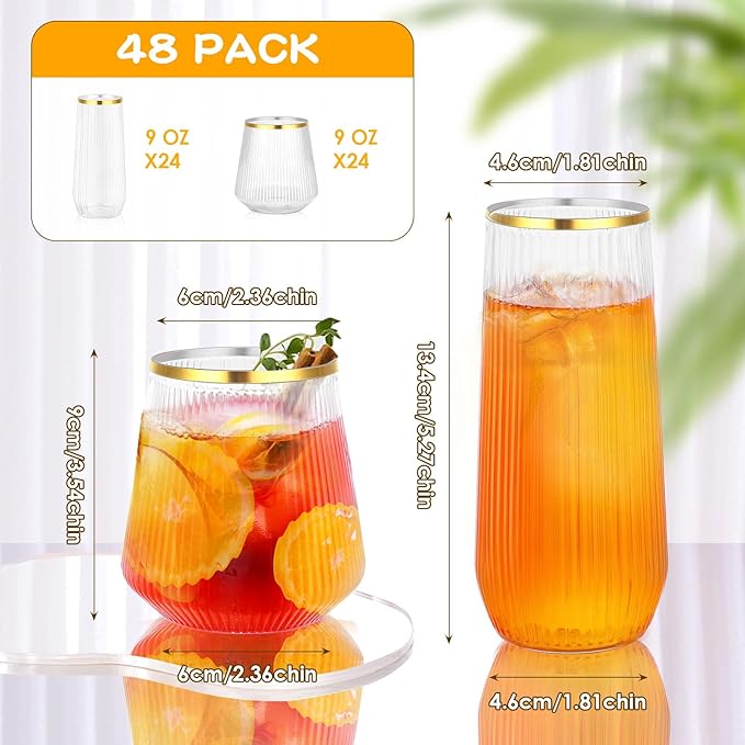 mwellewm 48 Pcs Plastic Wine Glasses Disposable, Cocktail Glasses Set 9 OZ Stemless Champagne Flutes 12 OZ Ribbed Ripple Reusable Party Cup for Wedding Home Office Bar Drinking(Gold Rim)