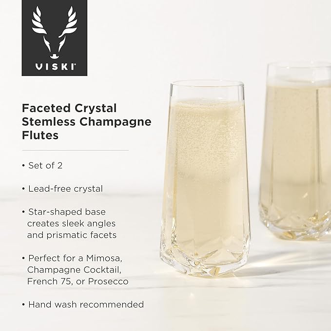 Viski Seneca Faceted Stemless Champagne Flutes, Crystal Clear Sparkling Wine Glasses for Prosecco, Sparkling Cocktails, Mimosas, Elegant Glassware for Wedding Gifts, Home Bar, 9 oz, Set of 2