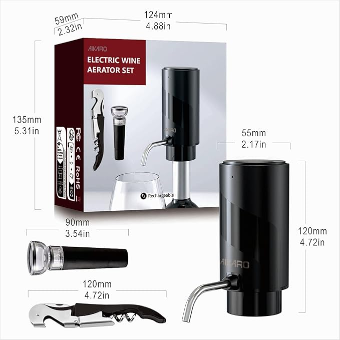 AIKARO - Electric Wine Aerator Pourer Rechargeable Automatic Decanter, with Corkscrew and Vacuum Stopper (Set)