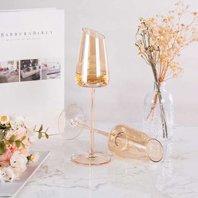 KAMMAK Wine Glasses Set of 2, 7.44 oz Hand Blown Crystal Bordeaux Wine Glasses, Thin Rim & Long Stem, Perfect for Red & White, Daily Use, Wedding or Birthday Gift with Gift Box, XH-H260 Amber