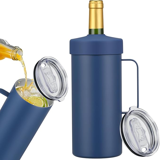 MAXSO 42oz Wine Chiller Iceless Cooler Tumbler - Gift for Wine Lovers, 2-IN-1 Stainless Steel Vacuum Insulated Bucket Portable Mug Cup Wine Accessory Keep Cold, Fit Most 750ml Wine & Champagnes, Blue