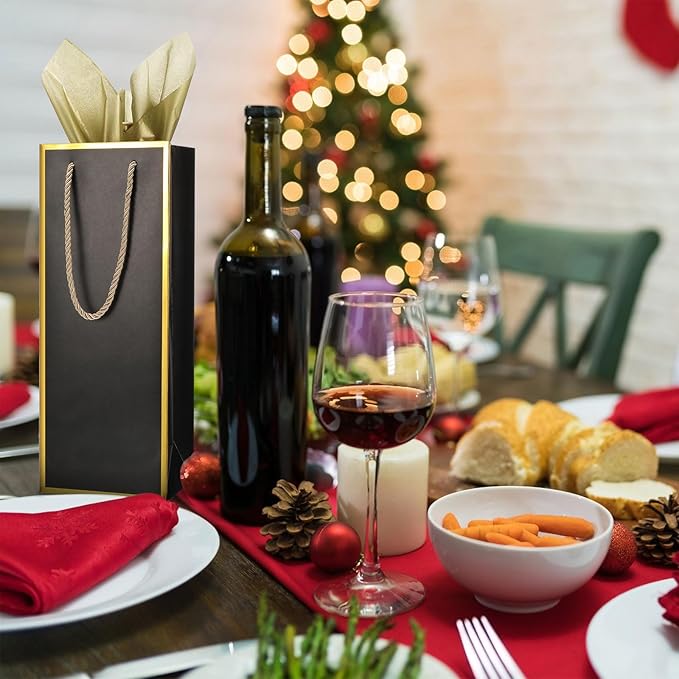 TaoBary 50 Pcs Wine Gift Bags and Gold Wrapping Paper Set Wine Bags for Bottle Bulk 4 x 5 x 13 Inch Champagne Gift Paper Sack with Handles for Christmas Appreciation Wedding Anniversary(black,30 Pcs)