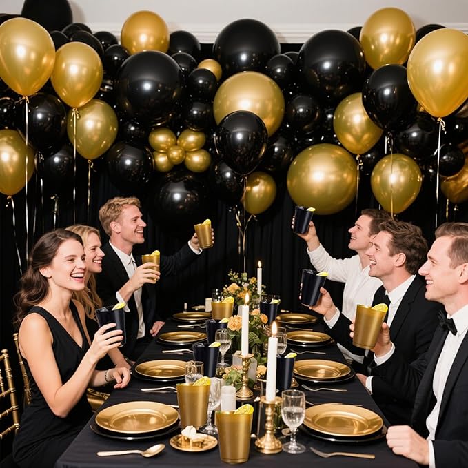 DaYammi 100 Pack Plastic Cups for Party- Disposable Gold Cups and Black Cup Include: 50 Black Plastic Cup and 50 Gold Disposable cup for Party Supplies Festive Celebrations Wine Beer Beverage