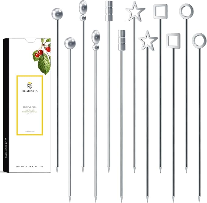 Homestia Geometric Cocktail Picks, 12PCS Stainless Steel Modern Martini Picks 4.3 Inch, Assorted Shapes Drink Skewers for Cocktails, Olives, Appetizers, Bar Accessories