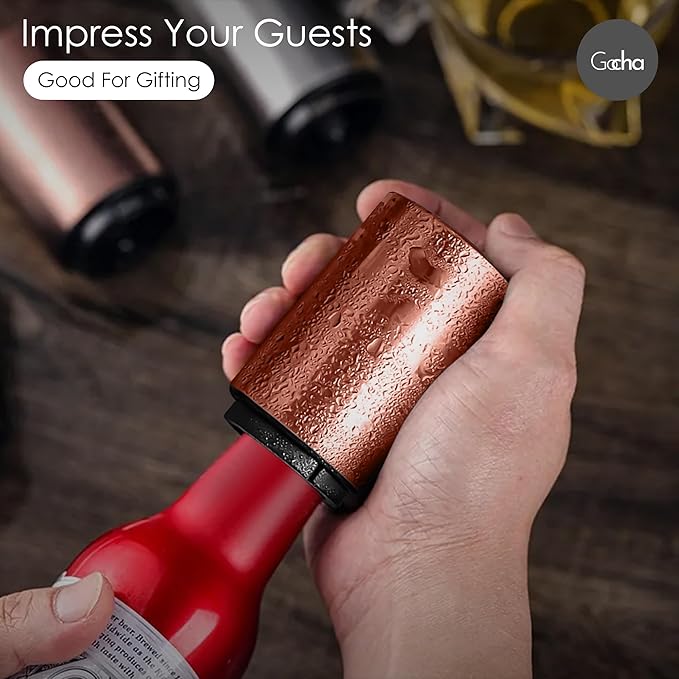 GOCHA | Magnetic Beer Bottle Opener with Automatic Cap Catcher – Stainless Steel Push-Down Gadget, One-Hand Bar Tool for Beer & Soda Bottles (Rose Gold)