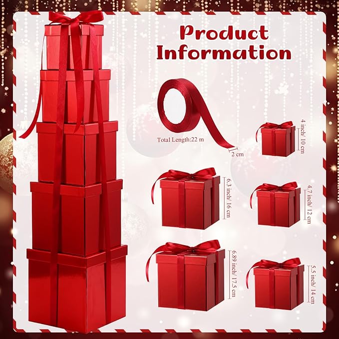 Cholemy 5 Pcs Square Nesting Boxes Decorative Gift Boxes with Lid and Ribbon Assorted Sizes Wrap for Wedding, Carnival, Anniversary, Birthday, Bridal Shower Party Gifts(Shiny Red)