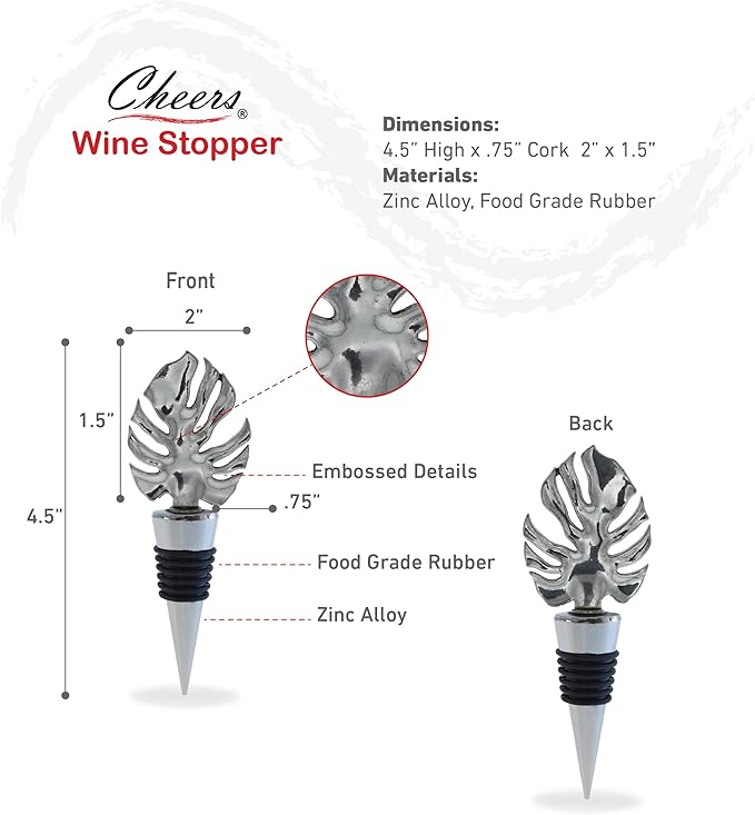 Cheers Silver Tropical Leaf Metal Wine Stopper - Elegant Vacuum Seal Reusable Jungle Leaves Wine Bottle Stopper Airtight Leak Proof Bottle Topper Cork Plug, Home Decor & Bar Tool Accessory Unique Gift
