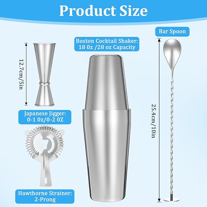 Professional Cocktail Shaker, Professional 5-Piece Bartender Kit with Boston Shaker, Hawthorne Strainer, Double Measuring Cocktail Jigger, and 10-inch Mixing Spoon, Stainless Steel Martini Shakers