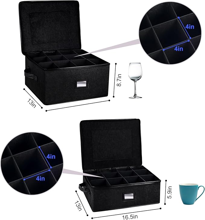 2 Pack Glass Storage Box with Dividers for Mugs & Glassware Coffee Cup Kit Stemware Storage Containers for Packing and Moving 12 Crystal Glassware, Wine Glasses, Drinkware (Black)
