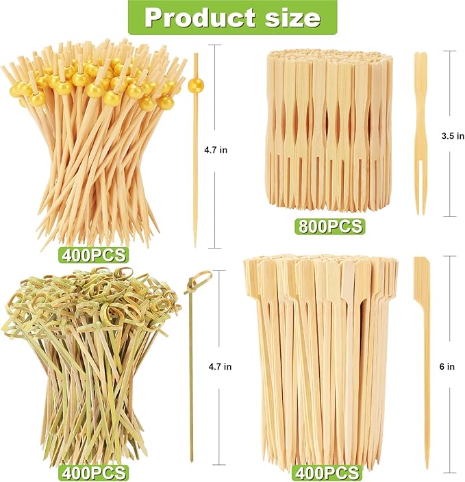 2000PCS Cocktail Picks Kit, 4 Styles Fancy Toothpicks for Appetizers, 3 Sizes Long Bamboo Skewers, Decorative Wooden Cocktail Sticks for Party Supplies Food Drink Fruit Charcuterie Boards Accessories