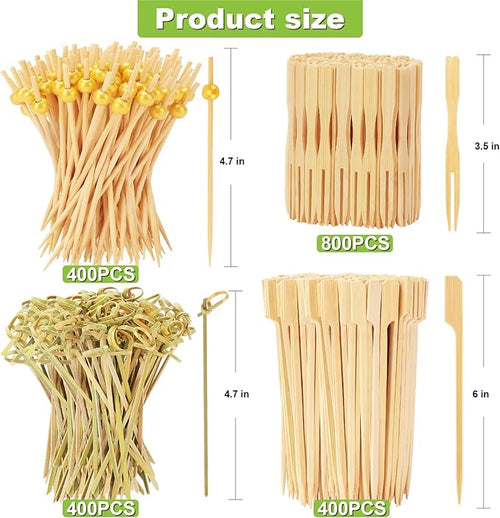 2000PCS Cocktail Picks Kit, 4 Styles Fancy Toothpicks for Appetizers, 3 Sizes Long Bamboo Skewers, Decorative Wooden Cocktail Sticks for Party Supplies Food Drink Fruit Charcuterie Boards Accessories
